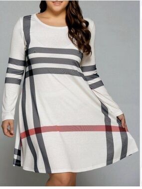 SMYS Elegant Ivory Plaid Long-Sleeve Swing Dress XL
